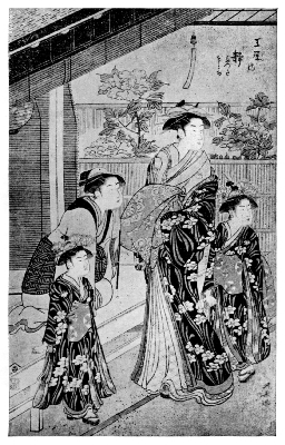 KIYONAGA: THE COURTESAN SHIZUKA WITH ATTENDANTS IN THE
PEONY GARDEN AT ASAKUSA.