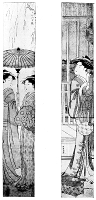 SHUNCHO: TWO LADIES UNDER UMBRELLA.
SHUNCHO: THE COURTESAN HANA-ŌJI—THE SUMIDA RIVER SEEN
THROUGH THE WINDOW.