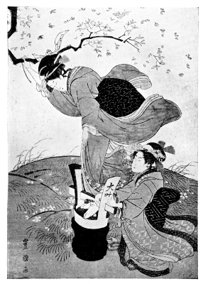 TOYOKUNI: LADIES AND CHERRY BLOSSOMS IN THE WIND.