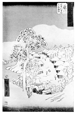 HIROSHIGE: THE VILLAGE OF FUJI KAWA—EVENING SNOW.