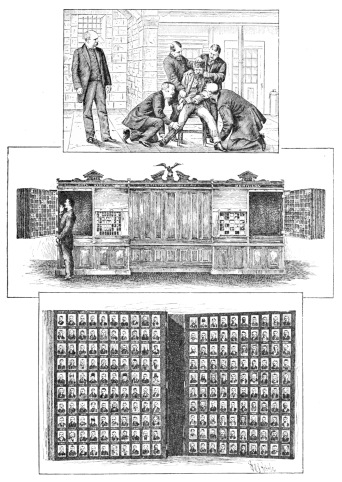 1. PHOTOGRAPHING A CRIMINAL FOR THE “ROGUES’ GALLERY”
(NEW YORK). 2. CABINET IN WHICH AMERICAN CRIMINALS ARE REGISTERED. 3.
TWO LEAVES OF THE “ROGUES’ GALLERY.”