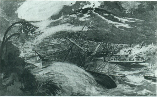 A sketch of the havoc wrought in St. Pierre Harbor on Martinique during the eruption of Mont Pelée in 1902.