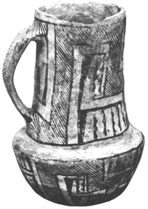 Chaco-style pottery pitcher. Diameter at mouth, 2&frac12;&Prime;; Maximum diameter, 4&Prime;; Height, 6&frac14;&Prime;.