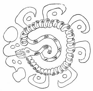Fig. 62. Coiled plumed serpent painted on plaque found in Mound No. 17.