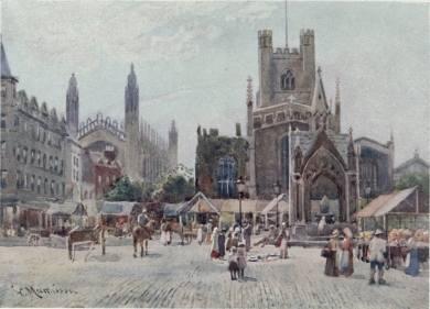 MARKET SQUARE

This picture represents what is called Half Market, which takes place on
Wednesday. Market day, properly speaking, is on Saturday, when the
square is filled with stalls. The church is Great St. Mary’s, and King’s
College Chapel is seen in the distance on the left.