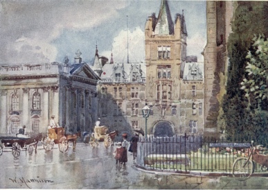 CAIUS COLLEGE AND THE SENATE HOUSE FROM ST. MARY’S
PASSAGE

On the left is the Senate House, built 1772-30. The building facing the
spectator is the South Front of Gonville and Caius College by Waterhouse
(1870). Through the railings on the right is the Tower of Great St.
Mary’s. The street is King’s Parade.