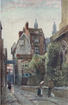 OLD HOUSES NEAR ST. EDWARD’S CHURCH AND ST. EDWARD’S
PASSAGE

This Passage leads from the Market into King’s Parade. Part of the South
side of St. Edward’s Church is seen on the right. The Reformers Bilney,
Barnes, and Latimer preached here. The three Tuns Inn, praised by Pepys
for its good liquor, formerly stood in this passage.