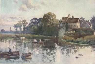 THE GRANARY ON THE CAM

Coe Fen is on the left, and Prof. George Darwin’s House on the right of
the Granary. This view is taken close to Queens’ College.