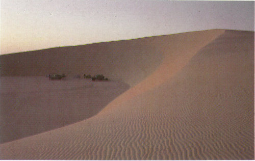 Ripples and horns of this crescentic dune in Egypt indicate that the dune is moving right to left (photograph by John Olsen).