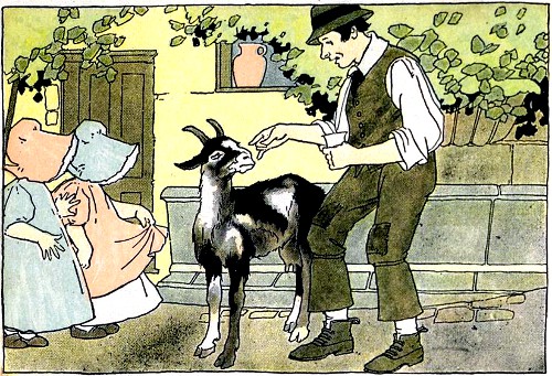 babies looking at man holding cup and his goat