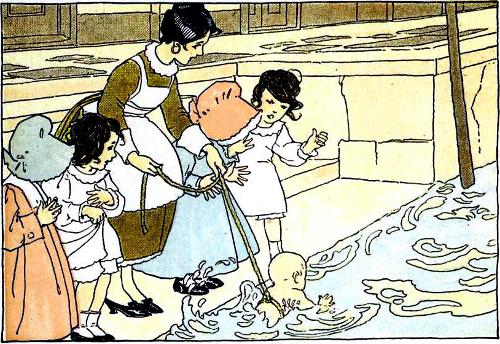 Gorgio's mother dipping the baby into and out of the water