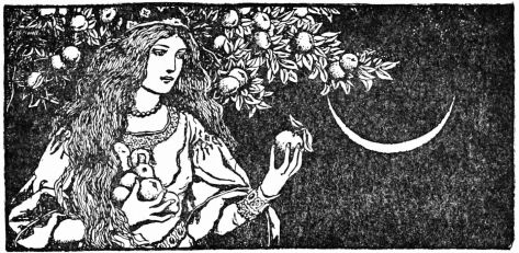 Woman under frruit tree with crescent moon in background