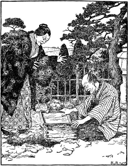 two men in Asian dress looking at small treasure chest