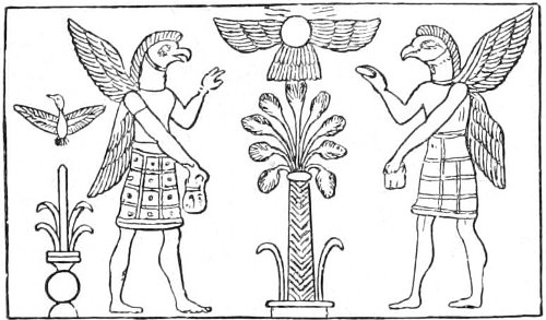 Fig. 4.—Sacred tree with its supporters, surmounted by the winged disc.(From an Assyrian cylinder. Goblet d’Alviella.)