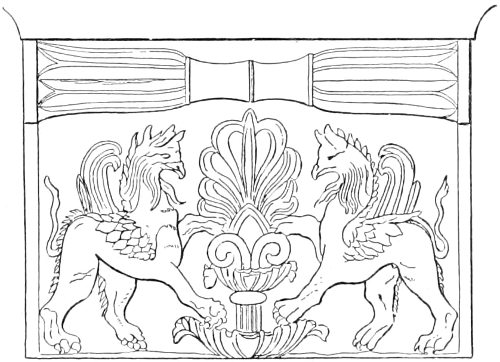 Fig. 5.—Sacred tree, much conventionalised.(From a capital of the Temple of Athena at Pryene. Goblet d’Alviella.)