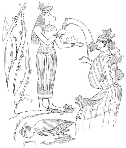 Fig. 7.—A Ba or soul receiving the lustral water from a tree-goddess.(From a painting discovered by Prof. Petrie at Thebes. Illustrated London News, 25th July 1896.)