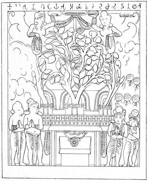 Fig. 8.—Sacred tree with worshippers, from eastern gateway of Buddhist Tope at Sânchi.(Fergusson’s Tree and Serpent Worship (1868), Plate xxv.)