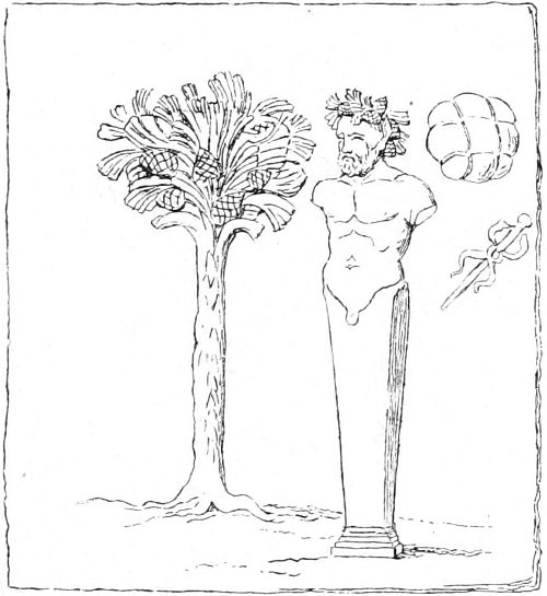 Fig. 12.—Sacred pine of Silvanus, with a bust of the god, and votive gifts represented by a bale of merchandise and a Mercury’s staff.(Bötticher, Fig 18.)