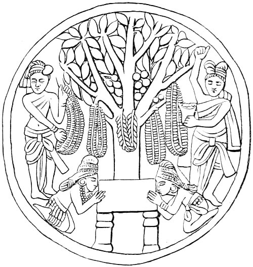 Fig. 19.—The Bodhi-tree of Kanaka Muni (Ficus glomerata).(The Stûpa of Bharhut, by Major-General Cunningham, Plate xxiv. 4.)