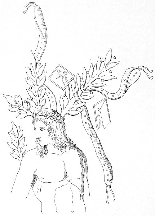 Fig. 23.—Sacred laurel of Apollo at Delphi, adorned with fillets and votive tablets; beneath it the god appearing to protect Orestes.(From a vase-painting, Bötticher, Fig. 2.)