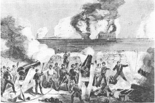Artist&rsquo;s conception of the bombardment of Fort Sumter, April 12, 1861. Fort Johnson is in the foreground. From Harper&rsquo;s Weekly, April 27, 1861.