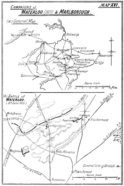 Map XVI: Campaigns of Waterloo and Marlborough.