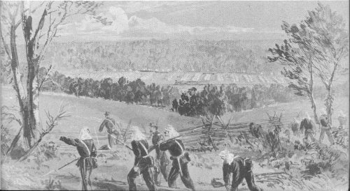Federal Army near Fairfax Court House en route to the First Battle of Manassas. A detachment of the 2d Ohio is shown in the foreground. From original sketch by A. R. Waud. Courtesy Library of Congress.