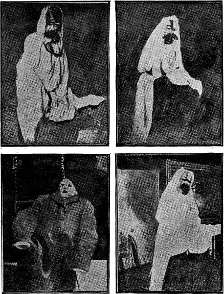 Famous Artist's Explanation of Scientific Ghost

Upper Row (left) Real Ghost. (right) Marx's Imitation.
Lower Row (left) Fake Ghost & drawings by von Marx Showing Make up