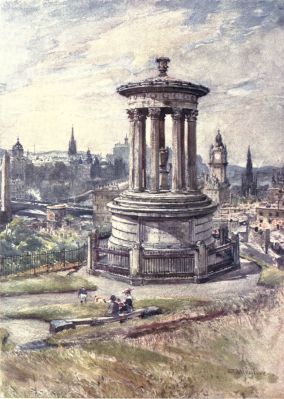 EDINBURGH FROM CALTON HILL

West from the Hill shows the picturesque and irregular mass of the
Castle, immediately behind the classic monument to Dugald Stewart, which
occupies the foreground of the picture. On the right of the monument and
the south side of Princes Street appear in succession the tower of the
North British Railway Hotel, and the monument to Sir Walter Scott. On
the left of the picture is seen part of the Old Town, with the Imperial
Crown of St. Giles’s, the spire of the Tolbooth Church, and the dome of
the Bank of Scotland, forming a well-assorted trio. Under these, and
over the railway, stretches the North Bridge; below lies the Calton Old
burial-ground, with its obelisk. In the near foreground of the picture
is a rustic stone seat much used by weary sightseers.