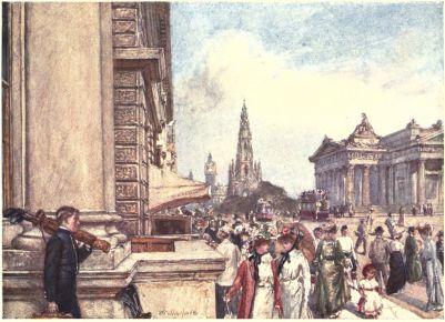 PRINCES STREET FROM THE STEPS OF THE NEW CLUB

The spectator is looking east towards the Scott Monument, which rises in
the centre of the picture; to the right of the monument is a portion of
the Royal Institution, while to the left is the tower of the North
British Railway Hotel, with the top of the Nelson Monument appearing
over the window shade. Down the steps of the New Club a page boy is
carrying golf clubs. The time is a sunny afternoon in September.