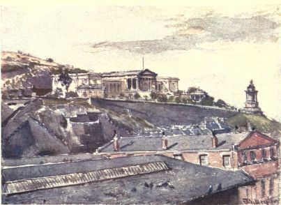 THE HIGH SCHOOL AND BURNS’S MONUMENT FROM JEFFREY STREET

To the left of the picture, over a roof in the foreground, appears part
of the tunnel of the North British Railway, above which rises that fine
classic building, the (modern) High School. It stands on the southern
slope of the Calton Hill, a portion of which is seen to the extreme
left. On the extreme right is the monument to Robert Burns.