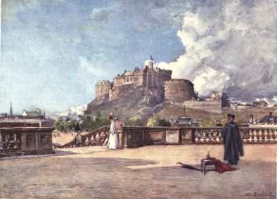 THE CASTLE FROM THE TERRACE OF HERIOT’S HOSPITAL

The opening in the terrace on the left of the picture shows a staircase
descending to the playground of the school. Most of the Castle is seen,
including the Half-Moon Battery, and part of the south retaining wall of
the Esplanade. A figure in a master’s gown occupies the foreground.