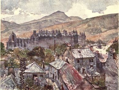 HOLYROOD PALACE FROM THE PUBLIC GARDENS UNDER CALTON HILL

Holyrood Palace stretches across the picture east and west, and is
dominated by Arthur’s Seat and Salisbury Crags. The dark turret at the
west end of the nearest and north wing contains the private supper-room
of Queen Mary, the room from which the Italian Rizzio was taken to his
death. The end of the south wing shows beyond, and through a gap in the
mean buildings, occupying the foreground of the picture, is seen the
open space in front of the Palace, the restored fountain, and the
entrance to a carriage road called the Queen’s Drive. The conical roofs
of the towers of the Guard House appear to the extreme right. The gable
and east window of the Chapel Royal (part of the ancient Abbey),
together with the tower, show at the eastern extremity of the north
wing.