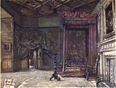 THE APARTMENTS OF MARY QUEEN OF SCOTS IN HOLYROOD PALACE

An ancient bed hung with faded crimson silk stands in Queen Mary’s
bed-chamber, together with chairs and other furniture of a later date.
Under the raised tapestry on the far side of the room is an open door,
through which is entered the private supping-room of Queen Mary, and
from which the Italian Rizzio was dragged to his death by the
conspirators. They gained admittance to the apartments by the small door
closely adjoining the supping-room. The ceiling of the bedroom is of
wood, divided into panels, decorated with initials and coats-of-arms.