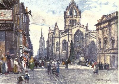 THE CHURCH OF ST. GILES FROM THE LAWNMARKET

The statue of the Duke of Buccleuch shows immediately under the tower of
the Cathedral, backed by the modernised west end of the building.
Farther down the High Street, to the east, is the Tron Church, while to
the right of the picture is a portion of the new County Hall. On the
extreme left is the entrance from Lawnmarket to Baxter’s Close, where
Burns once lodged. (See “Lady Stair’s Close.”)
