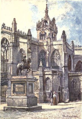 THE CHURCH OF ST. GILES FROM THE COURTS

A portion of the south end of the transept appears at the extreme left
of the picture, and farther in the picture, to the east, is an
equestrian statue of Charles II. A little to the west of this statue,
and just out of the limits of the picture, is a stone, believed to cover
the remains of John Knox. Above all rises the fine crown and spire of
the tower.