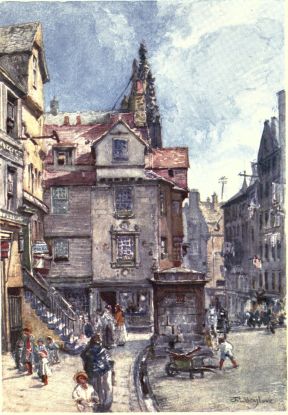 JOHN KNOX’S HOUSE, HIGH STREET

To the left of the square stone water-conduit, which occupies the centre
of the picture, is seen the west front of this picturesque structure,
and still farther to the left a “fore-stair” of a building which may be
of an earlier date than the one known as John Knox’s House. The opening
into the Canongate to the right of the picture is St. Mary Street.