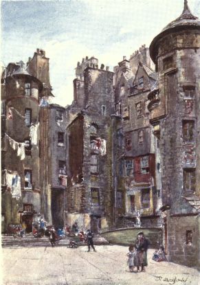 LADY STAIR’S CLOSE

On the extreme right, in the foreground of the picture, is the house of
Eleanor, Dowager Countess of Stair, recently almost rebuilt by Lord
Rosebery. The large opening close to the circular building on the left
leads into the Lawnmarket, and in this building, which stands in
Baxter’s Close, Robert Burns once lodged.