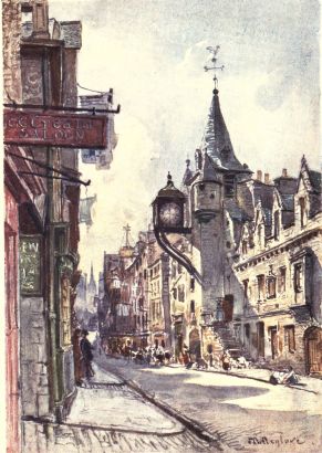 THE CANONGATE TOLBOOTH, LOOKING WEST

On the right of the picture rises the Canongate Tolbooth with its
conical roof and projecting clock, reminding one strongly of French
architecture. The spire showing in the distance belongs to the Tolbooth
Church, at the top of Lawnmarket.
