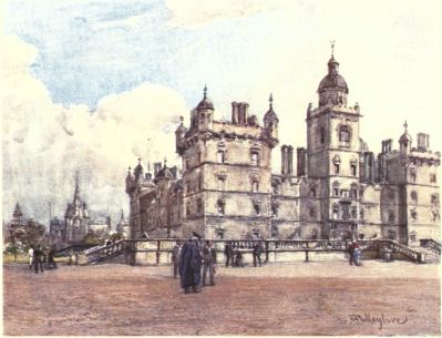 GEORGE HERIOT’S HOSPITAL FROM THE NORTH-EAST

This picture was made from the playing-grounds of the school, and shows
part of the terrace which entirely surrounds this noble building. A
portion of the Royal Infirmary appears in the distance.