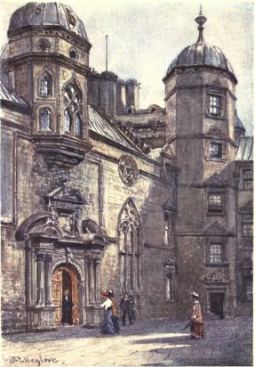 QUADRANGLE OF GEORGE HERIOT’S HOSPITAL

The picture shows parts of the north and east sides of the Quadrangle.
In the centre of the north side is the entrance doorway to the chapel,
above which rises an oriel window combined with a half octagonal tower,
peculiar and picturesque in construction. An octagonal tower of five
storeys is seen in the north-east angle of the court.
