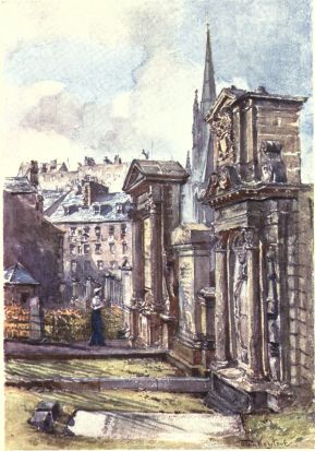 THE MARTYRS’ MONUMENT IN THE GRAVEYARD OF GREYFRIARS’

To the left of the spire of the Tolbooth Church, in the centre of the
picture, and next the city wall, stands the Martyrs’ Monument, in front
of which is the figure of a girl; above the figure appear some houses in
Candlemaker Row. The low building on the extreme left of the picture is
the old guardhouse. The duty of the guard was to prevent the stealing of
bodies from the graveyard. The elaborate monument on the right of the
picture is one of many erected in this graveyard during the early part
of the eighteenth century.