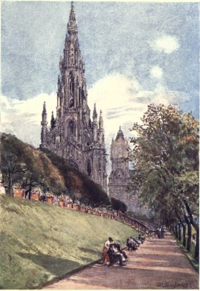 SIR WALTER SCOTT’S MONUMENT FROM THE EAST PRINCES ST.
GARDENS

On the higher level above the green slope lies the part of the Gardens
fronting Princes Street. The monument gains in height viewed from this
lower level. The tower in the distance is that attached to the North
British Railway Hotel.