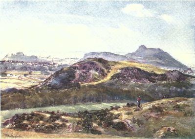 ARTHUR’S SEAT FROM THE BRAID HILLS

In the immediate foreground is a portion of the Braid Hills; farther on
the Blackford Hill with the shelter on its highest point, and at the end
of the slope to the right the New Royal Observatory. To the left are
part of Edinburgh, the mass of the Castle, and the shores of Fife. The
Salisbury Crags and “Lion” of Arthur’s Seat are above all.