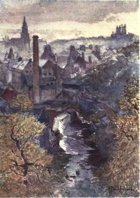 THE WATER OF LEITH FROM DEAN BRIDGE

We are looking west up stream, towards the sun setting behind
Corstorphine Hill. Above the waterfall is a distillery with its chimney
pointing to the Dean U.F. Church. On the right of the picture are the
two towers of the Orphan Hospital.