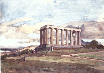 THE NATIONAL MONUMENT ON CALTON HILL

This noble monument represents a partial reproduction of the Parthenon
on the Acropolis at Athens. In the picture the spectator is supposed to
be looking at the north-west angle of the Temple, showing the eight
columns of the west front and two on the north side. On the left of the
picture is a glimpse of the Firth of Forth, while to the right, behind
the columns, rises Arthur’s Seat.
