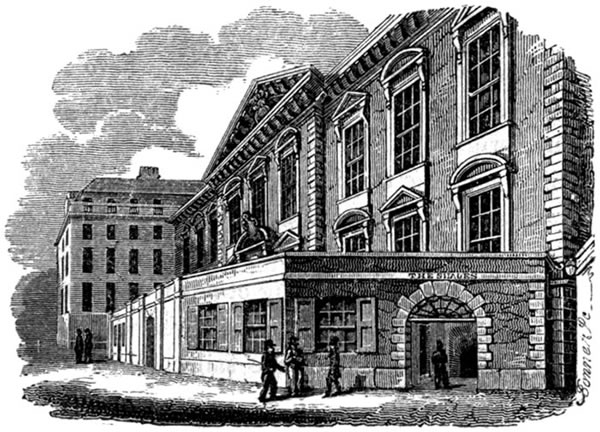 Exterior view of the river-front of Fishmongers’ Hall, with the Shades’ Tavern below it. Drawn and Engraven by G. W. Bonner.