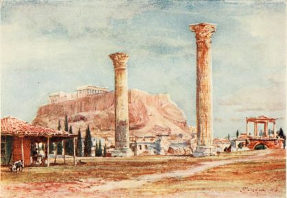 THE ACROPOLIS FROM THE SITE OF THE TEMPLE OF OLYMPIAN
ZEUS

The two detached colossal columns belong to the west end of the southern
peristyle of the Temple. To the right is the Arch of Hadrian. The
striking form of the masses of rock, which constitute the natural
defence of the Acropolis on its eastern side, shows with great effect in
this drawing.