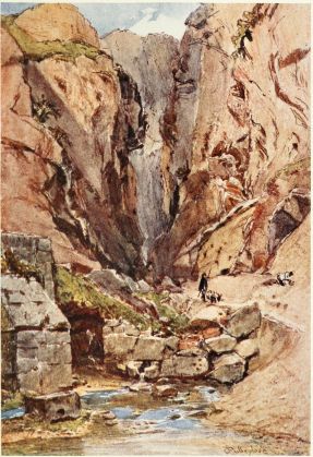 DELPHI, THE CASTALIAN GORGE AND SPRING

The scarped vertical face of rock, which may be seen above the figure of
the shepherd, shows the recently excavated site of the Place for the
Lustration of Pilgrims, to which the water of the Castalian spring was
carried by an artificial channel in the rock. The masonry to the left of
the drawing is part of a modern reservoir.