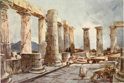 INTERIOR OF THE TEMPLE OF APOLLO AT BASSÆ IN ARCADIA

On the left of the picture are shown some of the columns of the eastern
side of the Temple, together with the attached columns of the cella, a
peculiar architectural feature of this Temple. The front (north) part of
the cella was hypæthral, so the floor below the opening in the roof
was slightly hollowed out—as shown in the drawing—to collect the
rain-water. Mount Ithome appears between the columns of the southern end
of the Temple.
